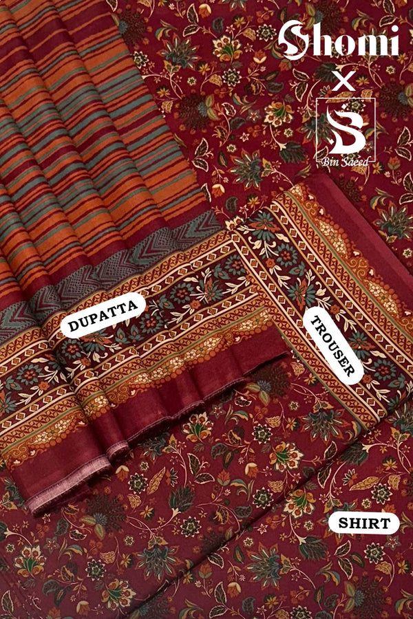 Bin Saeed 3 Piece Unstitched Printed Lawn Edition'01 Collection'2024-RDL-10-Maroon