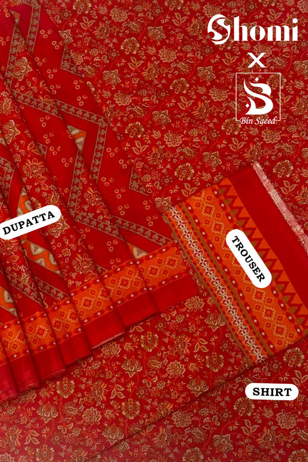 Bin Saeed 3 Piece Unstitched Printed Lawn Edition'01 Collection'2024-RDL-14-Red