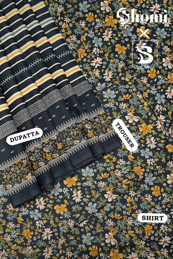 Bin Saeed 3 Piece Unstitched Printed Lawn Edition'01 Collection'2024-RDL-22-Navy Blue