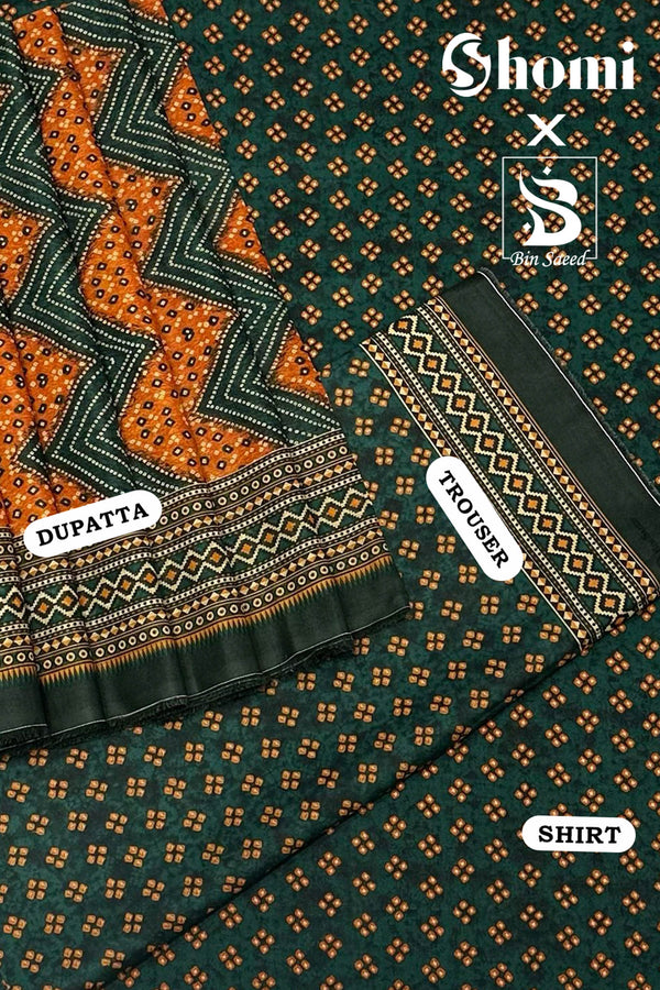 Bin Saeed 3 Piece Unstitched Printed Lawn Edition'01 Collection'2024-RDL-25-Green
