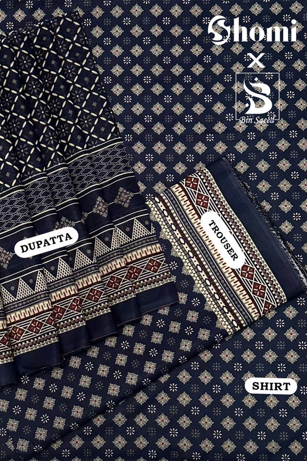 Bin Saeed 3 Piece Unstitched Printed Lawn Edition'01 Collection'2024-RDL-26-Navy Blue