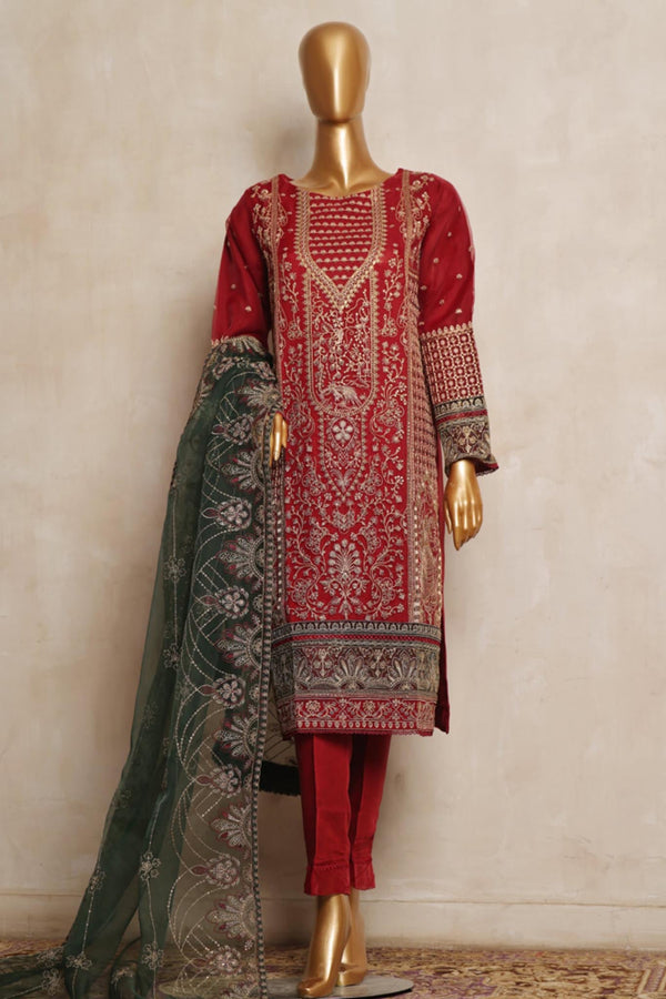 Bin Saeed Stitched 3 Piece Organza Festive Formals Collection'2024-RTS-301-Red