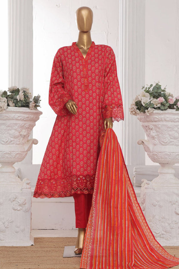 Bin Saeed Stitched 3 Piece Emb Lawn Frock Vol-03 Collection-SM-1637-Red