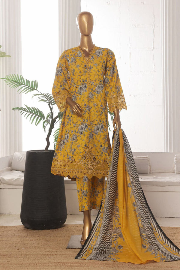Bin Saeed Stitched 3 Piece Emb Lawn Frock Vol-03 Collection-SM-1639-Yellow