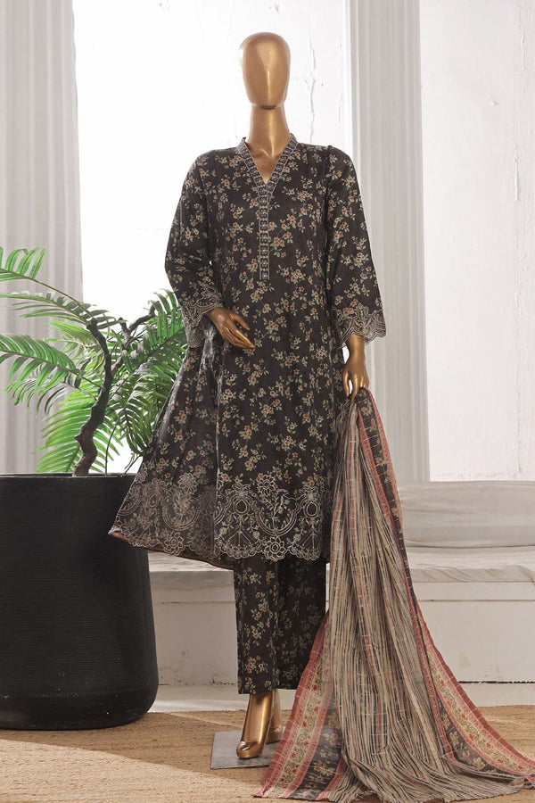 Bin Saeed Stitched 3 Piece Emb Lawn Frock Vol-03 Collection-SM-1641-Black