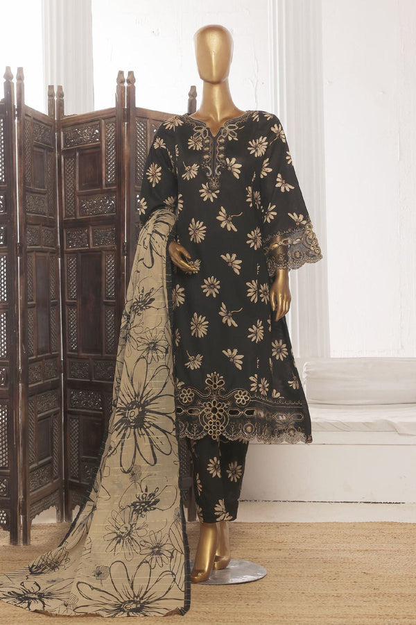 Bin Saeed Stitched 3 Piece Emb Lawn Frock Vol-03 Collection-SM-1642-Black