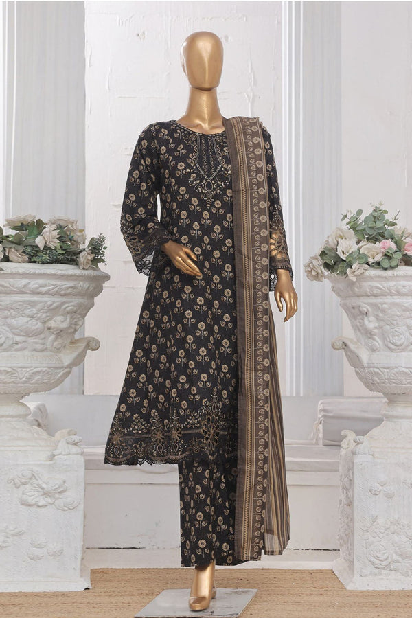 Bin Saeed Stitched 3 Piece Emb Lawn Frock Vol-03 Collection-SM-1645-Black