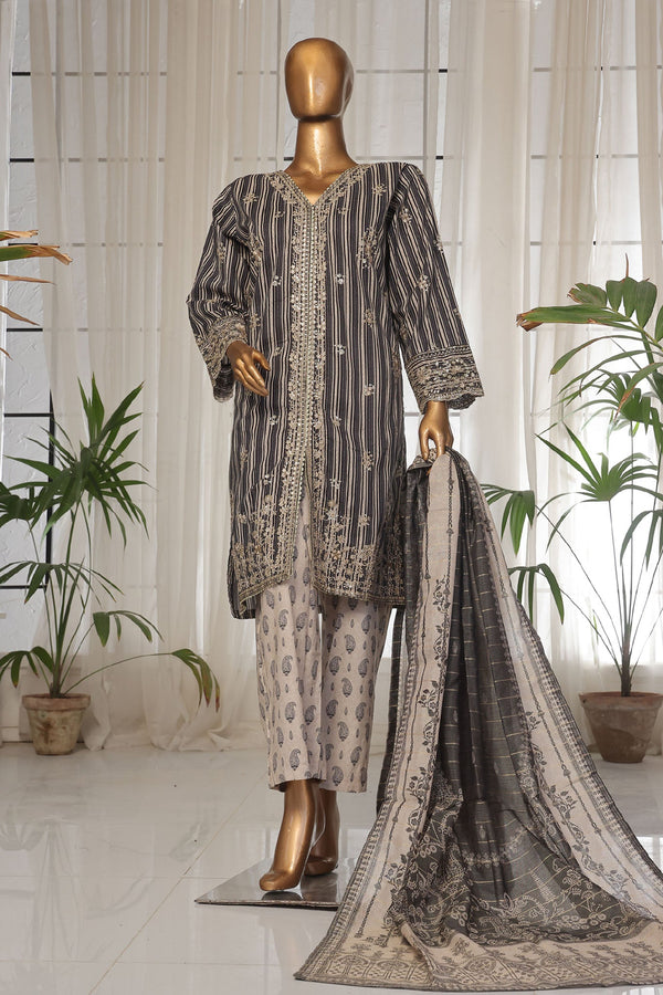 Bin Saeed Stitched 3 Piece Luxury Self and Stripe Vol-02 Collection'2025-SM-1961-Black