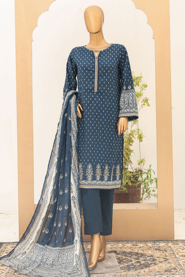 Bin Saeed Stitched 3 Piece Printed Lawn Vol-16 Collection'2024-SM-909-N.Blue