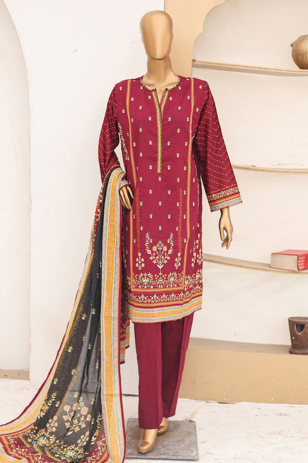 Bin Saeed Stitched 3 Piece Printed Lawn Vol-16 Collection'2024-SM-910-Maroon