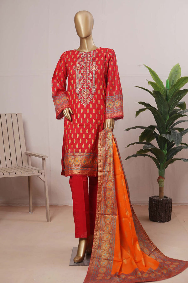 Bin Saeed Stitched 3 Piece Festive Embroidered Lawn Collection'2023-SMLF-010-Red