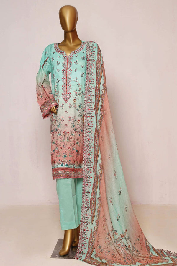 Bin Saeed Stitched 3 Piece Embroidered Lawn Collection'2023-SMLF-0121-Ferozi