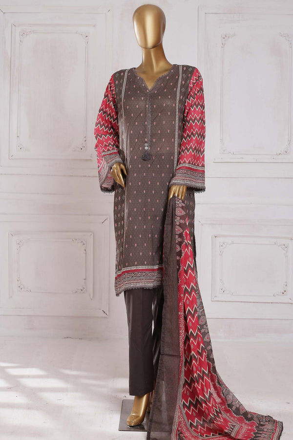 Bin Saeed Stitched 3 Piece Printed Lawn Collection'2023-SMLF-0199-Brown