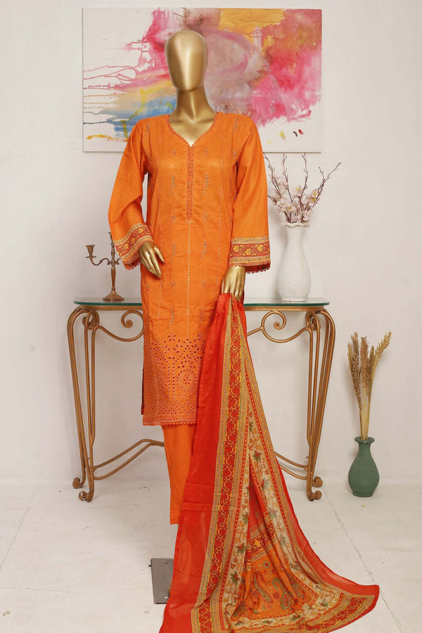 Bin Saeed Stitched 3 Piece Embroidered Lawn Collection'2023-SMLF-113-Orange