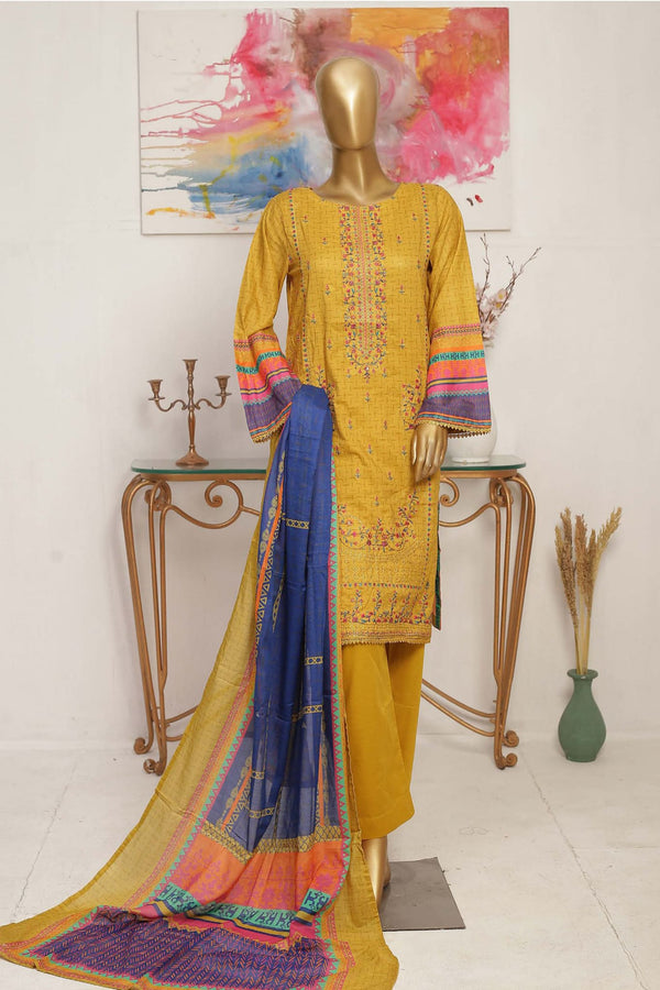 Bin Saeed Stitched 3 Piece Embroidered Lawn Collection'2023-SMLF-119-Yellow