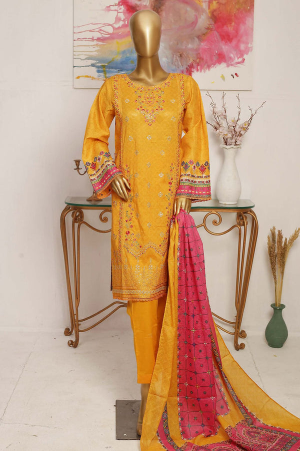 Bin Saeed Stitched 3 Piece Embroidered Lawn Collection'2023-SMLF-123-Yellow