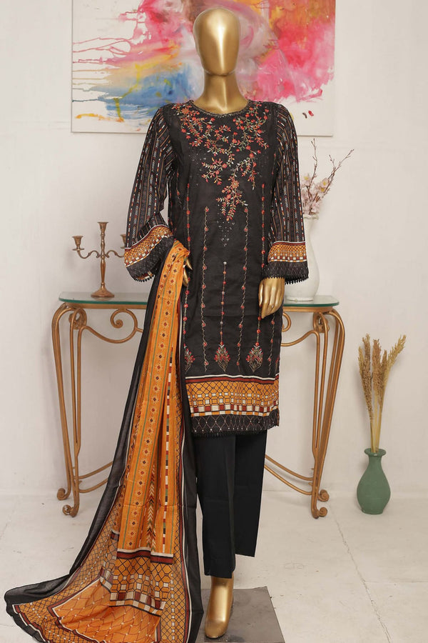 Bin Saeed Stitched 3 Piece Embroidered Lawn Collection'2023-SMLF-212-Black