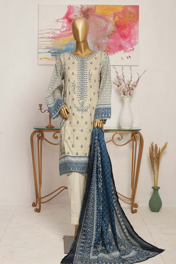 Bin Saeed Stitched 3 Piece Embroidered Lawn Collection'2023-SMLF-221-Blue