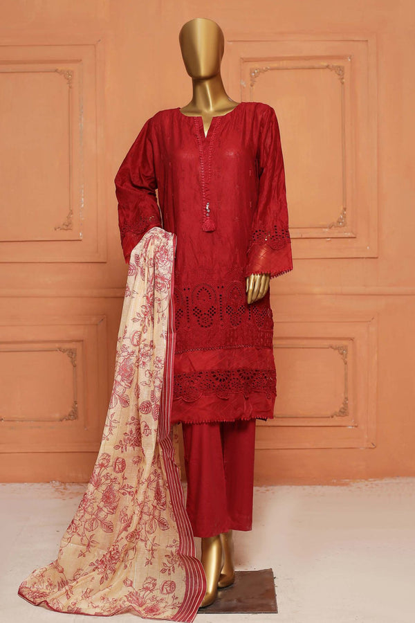 Bin Saeed Stitched 3 Piece Chikankari Lawn Collection'2023-SMLSTF-50-Maroon