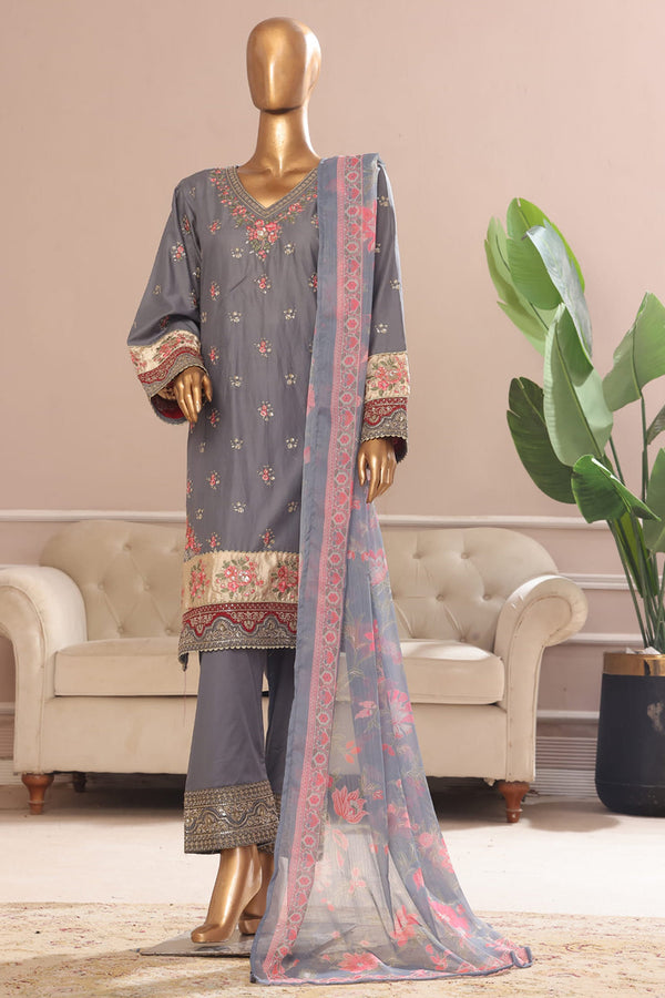 Bin Saeed Stitched 3 Piece Plain Cotton with Emb Trouser Collection'2025-SMPC-1975-Grey