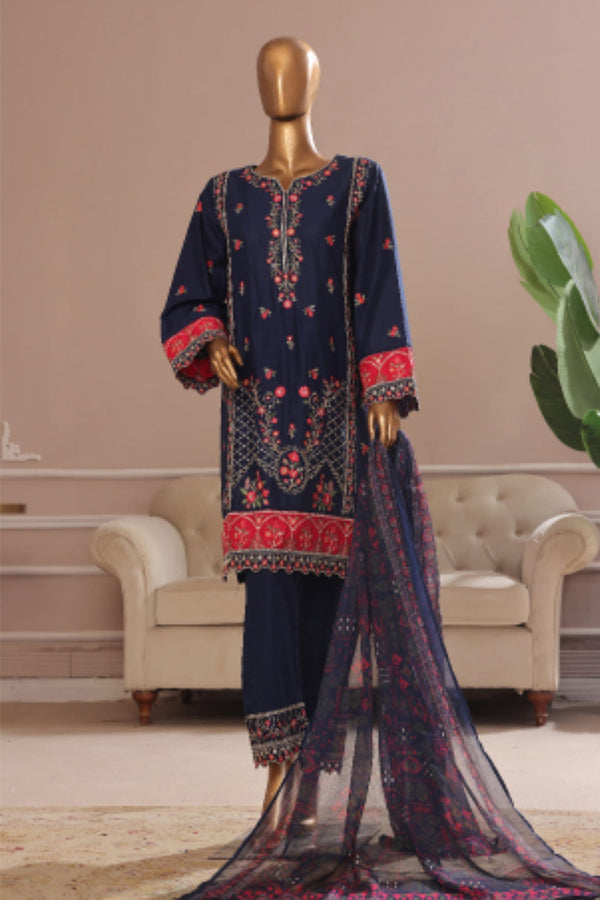 Bin Saeed Stitched 3 Piece Plain Cotton with Emb Trouser Collection'2025-SMPC-1976-Blue
