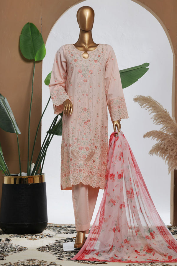 Bin Saeed Stitched 3 Piece Luxury Plain Cotton With Chiffon Dupatta Collection'2025-SMPC-2068-Pink