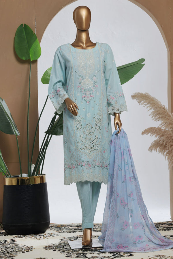 Bin Saeed Stitched 3 Piece Luxury Plain Cotton With Chiffon Dupatta Collection'2025-SMPC-2069-Sky Blue