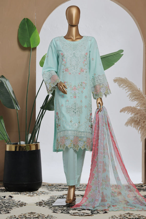 Bin Saeed Stitched 3 Piece Luxury Plain Cotton With Chiffon Dupatta Collection'2025-SMPC-2070-Sky Blue