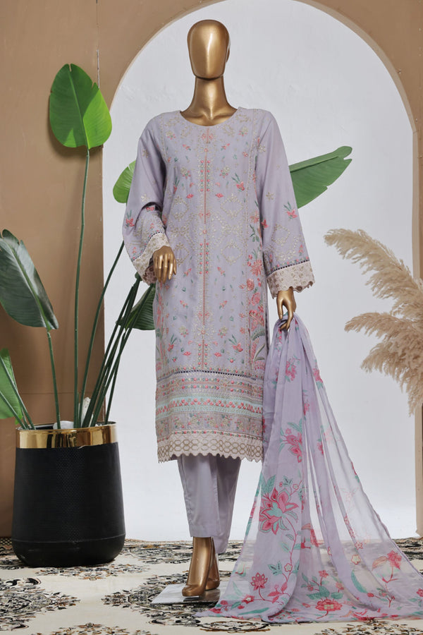 Bin Saeed Stitched 3 Piece Luxury Plain Cotton With Chiffon Dupatta Collection'2025-SMPC-2071-Lilac