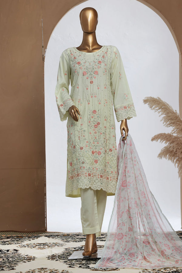 Bin Saeed Stitched 3 Piece Luxury Plain Cotton With Chiffon Dupatta Collection'2025-SMPC-2074-Cream