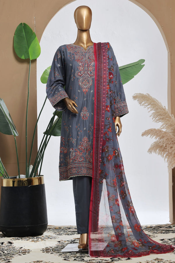 Bin Saeed Stitched 3 Piece Luxury Plain Cotton With Chiffon Dupatta Collection'2025-SMPC-2076-Grey