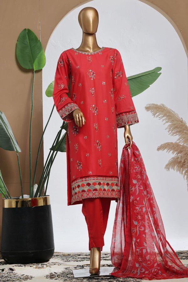 Bin Saeed Stitched 3 Piece Luxury Plain Cotton With Chiffon Dupatta Collection'2025-SMPC-2077-Red