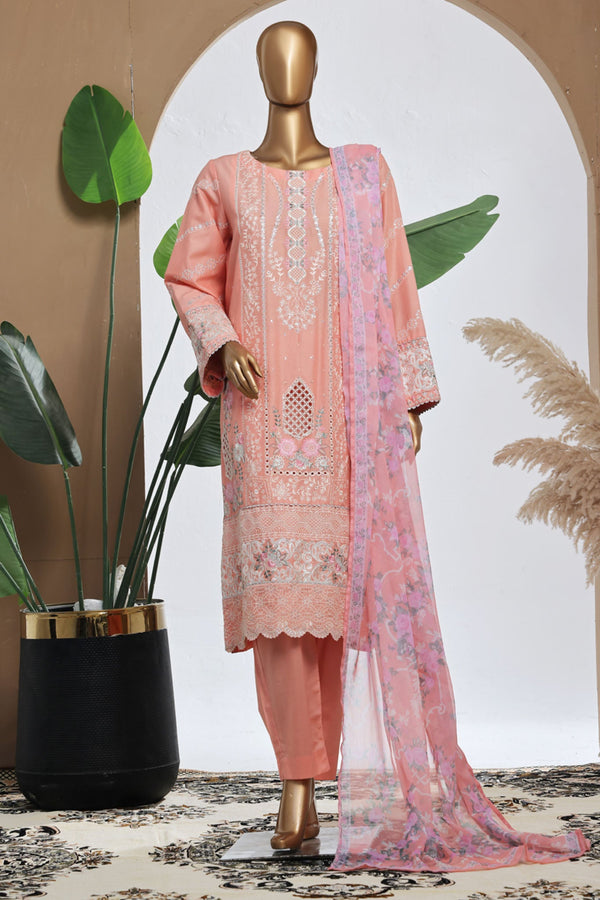 Bin Saeed Stitched 3 Piece Luxury Plain Cotton With Chiffon Dupatta Collection'2025-SMPC-2078-Coral
