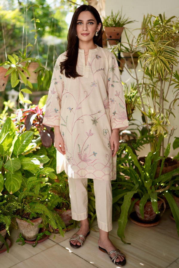Pret Essentials By Sahar Stitched 2 Piece Summer Collection'2025-SSEC-V2-RK-02-Sepia Garden - Off White