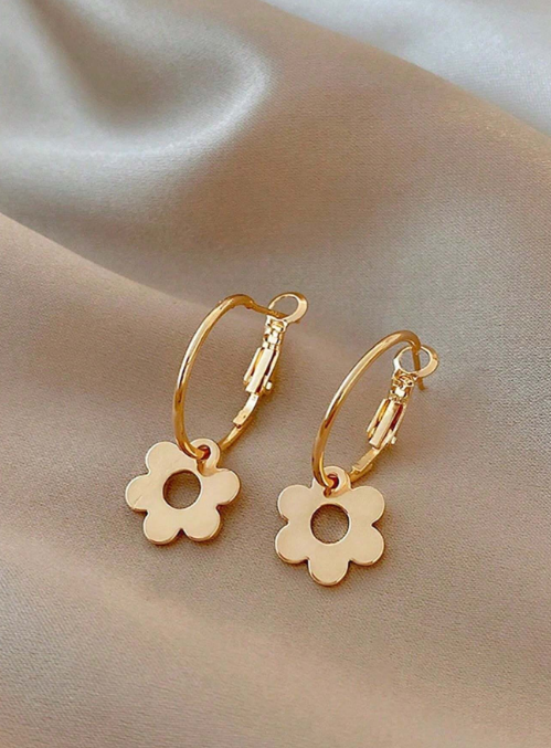 Shein - 1pair Minimalist Flower Design Round Hoop Earrings, Elegant Metal Earring Accessories