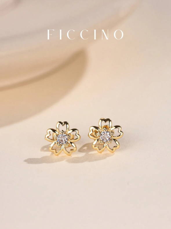 Shein - FICCINO Gold Plated Cubic Zirconia Cherry Blossom Stud Earrings