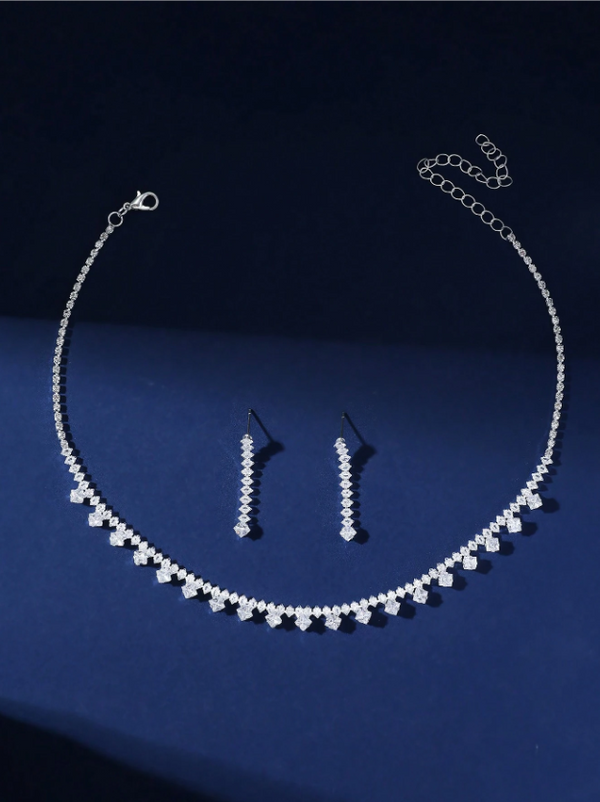 Shein - Women's Fashion Full Rhinestone Jewelry Set, Rhinestone Necklace + Earrings