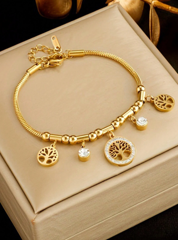 Shein - 1pc Rhinestone Inlaid Tree Of Life Round Pendant Stainless Steel Chain Bracelet