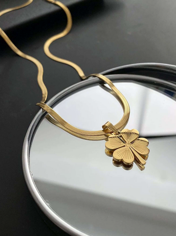 Shein - 1pc Stainless Steel Necklace With Yellow Four Leaf Clover Pendant