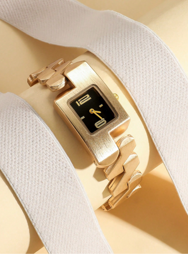 Shein - 1pc Women's Fashionable Mixed Arabic Numeral Scale Square Dial Steel Band Quartz Watch