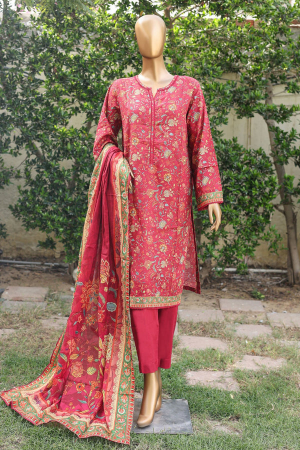 Bin Saeed Stitched 3 Piece Printed Cotton Mid Summer Collection'2024-WC-1017-Maroon