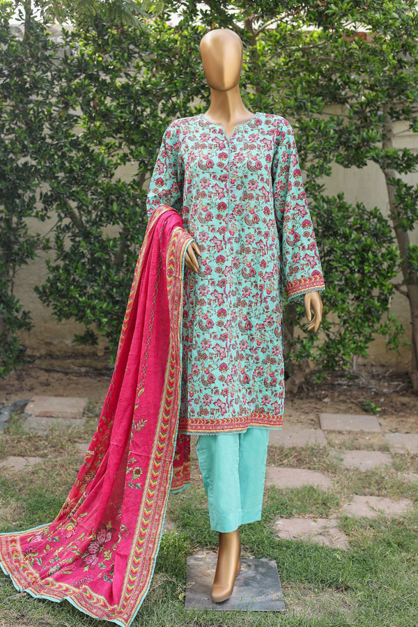 Bin Saeed Stitched 3 Piece Printed Cotton Mid Summer Collection'2024-WC-1018-Ferozi