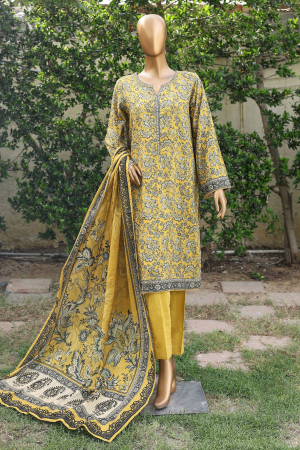 Bin Saeed Stitched 3 Piece Printed Cotton Mid Summer Collection'2024-WC-1020-Mustard