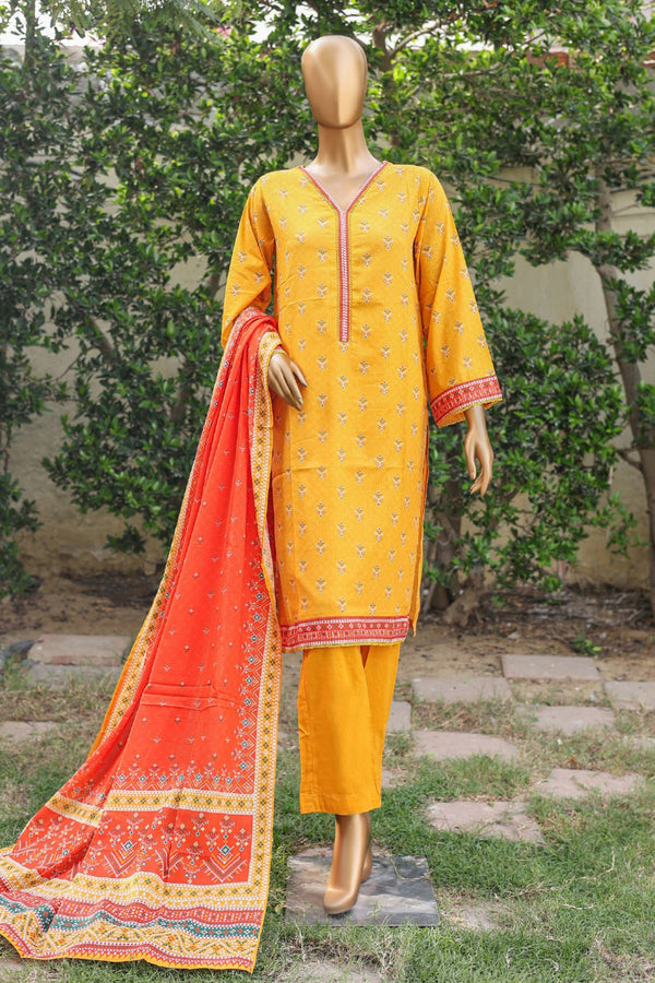 Bin Saeed Stitched 3 Piece Printed Cotton Mid Summer Collection'2024-WC-1022-Mustard