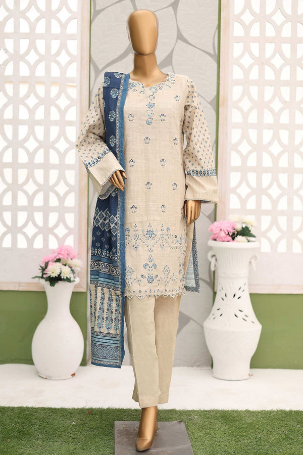 Bin Saeed Stitched 3 Piece Emb Khaddar Winter Collection'2024-WKF-933-Off White