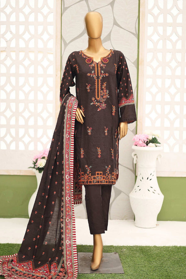 Bin Saeed Stitched 3 Piece Emb Khaddar Winter Collection'2024-WKF-934-Dark Brown