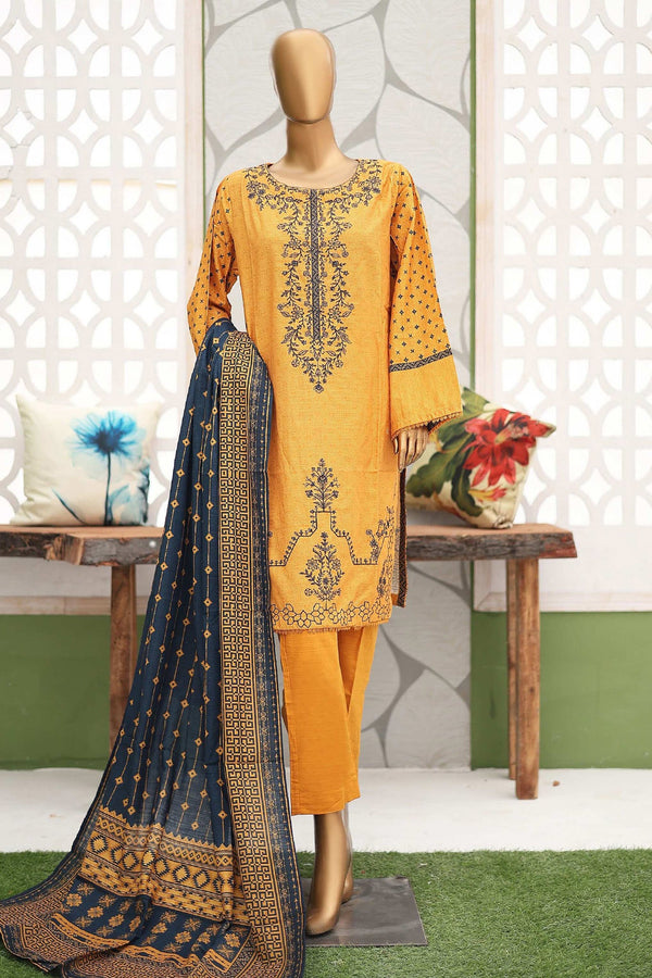 Bin Saeed Stitched 3 Piece Emb Khaddar Winter Collection'2024-WKF-935-Mustard