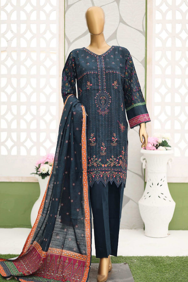 Bin Saeed Stitched 3 Piece Emb Khaddar Winter Collection'2024-WKF-936-Navy Blue
