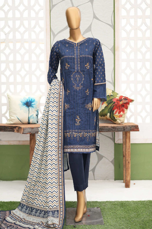 Bin Saeed Stitched 3 Piece Emb Khaddar Winter Collection'2024-WKF-940-Navy Blue