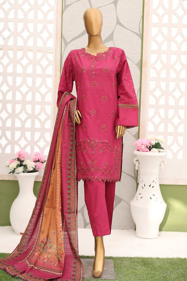 Bin Saeed Stitched 3 Piece Emb Khaddar Winter Collection'2024-WKF-942-Magenta